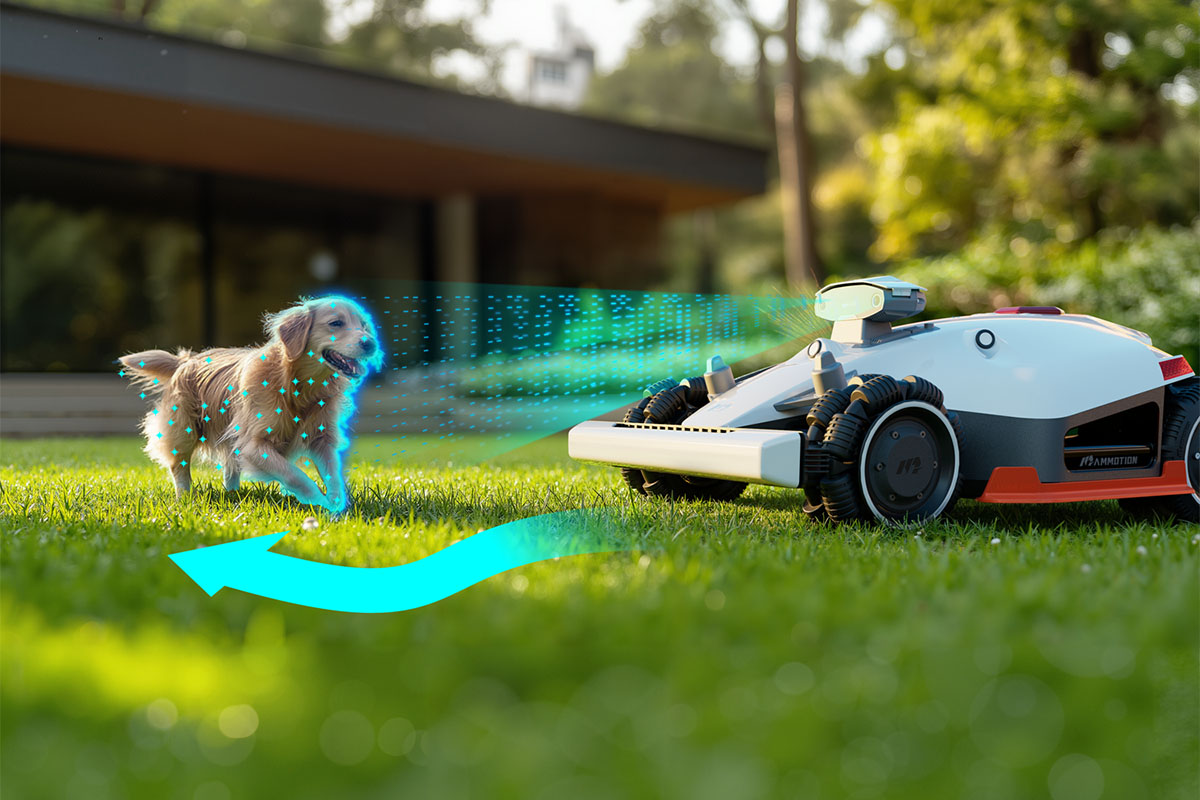 Robotická kosačka Mammotion Luba 2 AWD deteguje psa na trávniku pomocou senzorov a automaticky mení smer, aby sa vyhla zrážke.
